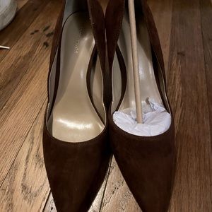 Ann Taylor chocolate suede pumps.  These are too big on me and heel too high.